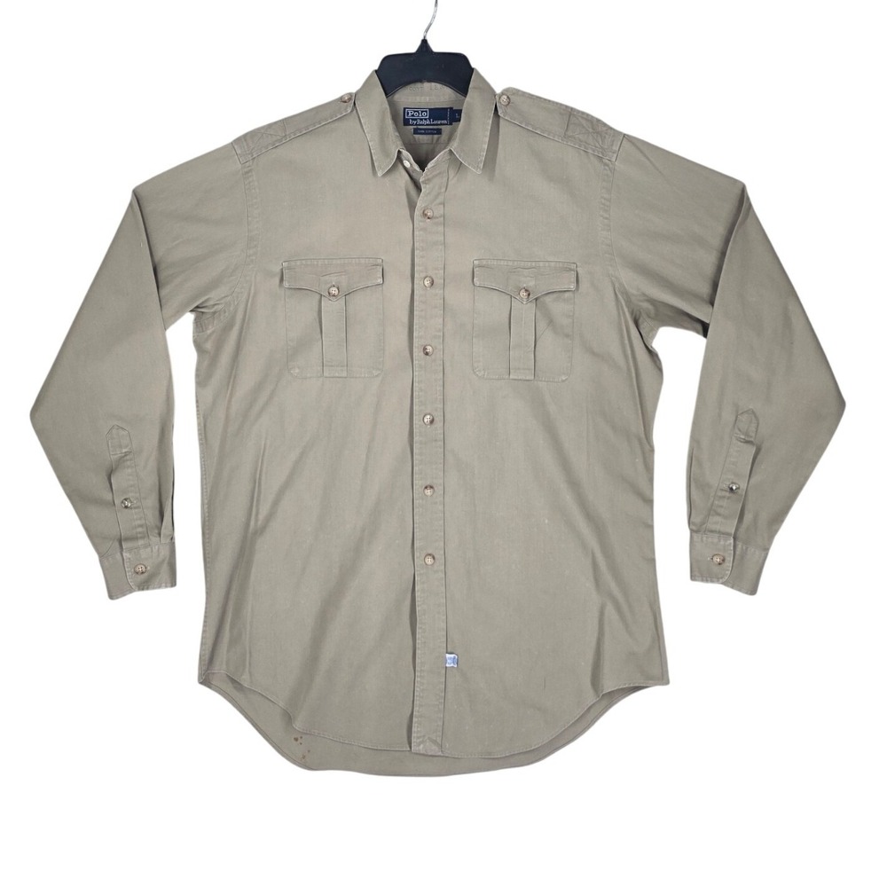 Vtg Y2K Polo Ralph Lauren Shirt Mens L Khaki Cotton Twill Safari Epaulette LS - Picture 2 of 11